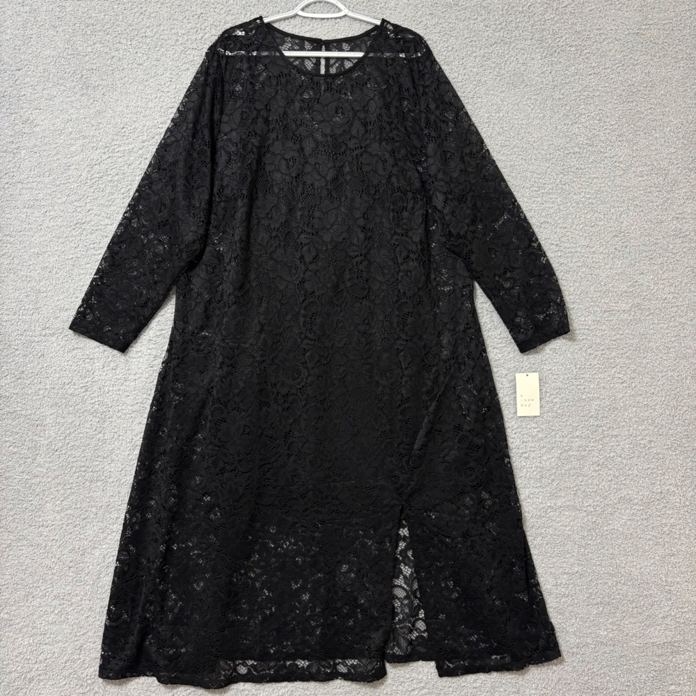 Black Floral Lace Maxi Dress Elegant Overlay Long Sleeve Plus Size 3X NWT